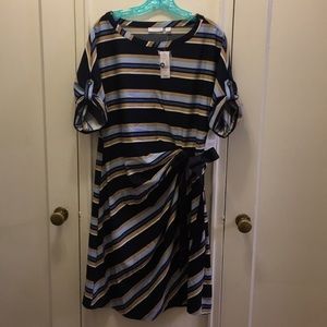 NWT blue striped faux wrap dress